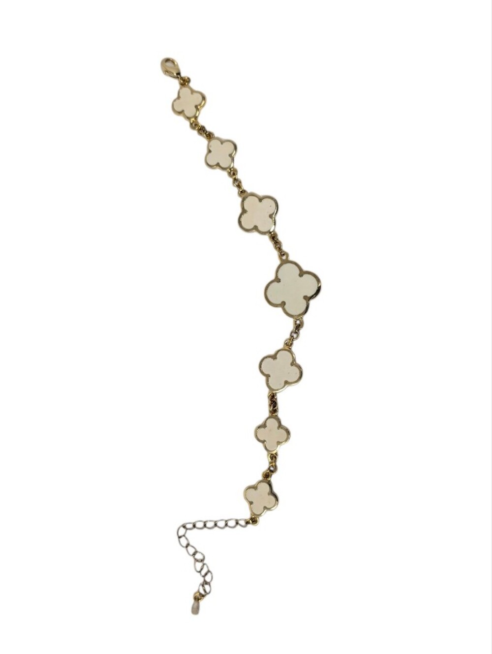 Gold Tone Clover Station Bracelet Cream Reversible Quatrefoil Charm 10"